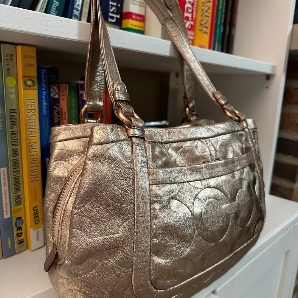 Coach Metallic Rose Gold Signature Leather Shoulder Tote